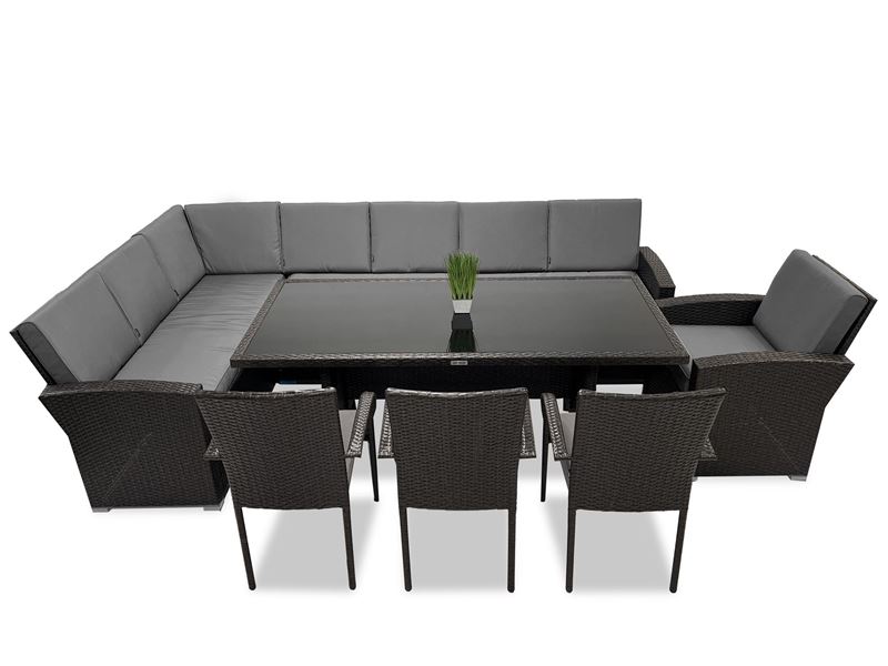 Obrazek Meble ogrodowe rattanowe Just Relax Zestaw Narożnik Milano LONG + 3 Krzesła Classic + Fotel Milano Brązowy Ciemny LEWY