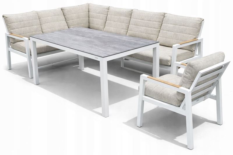 Obrazek Zestaw mebli aluminiowych od Just Relax: Narożnik Chicago + Stół 150 + 1 Fotel Biały