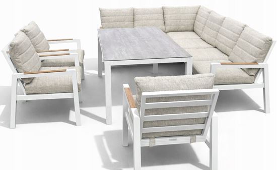 Obrazek Zestaw mebli aluminiowych od Just Relax: Narożnik Chicago + Stół 150 + 3 Fotele Biały