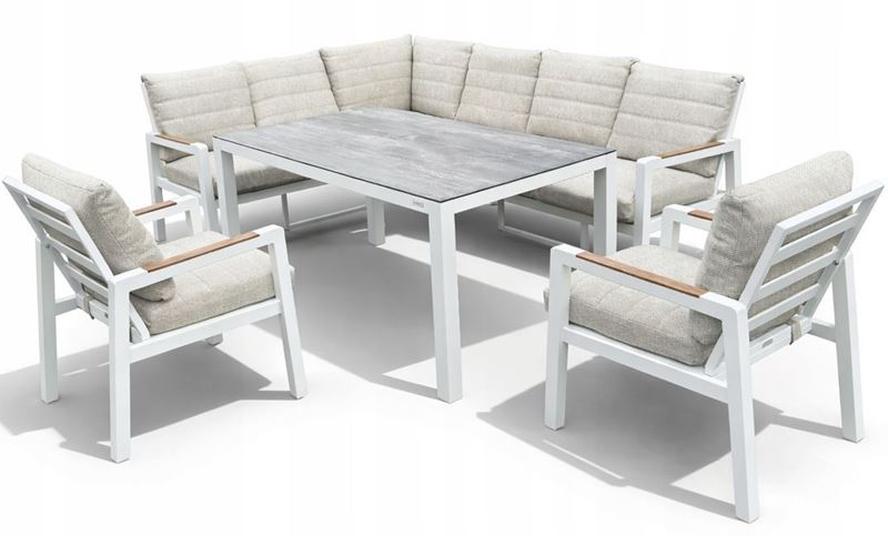 Obrazek Zestaw mebli aluminiowych od Just Relax: Narożnik Chicago + Stół 150 + 2 Fotele Biały