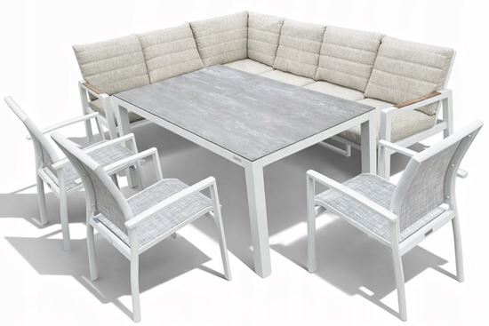 Obrazek Zestaw mebli aluminiowych od Just Relax: Narożnik Chicago + Stół 150 + 3 Krzesła Biały