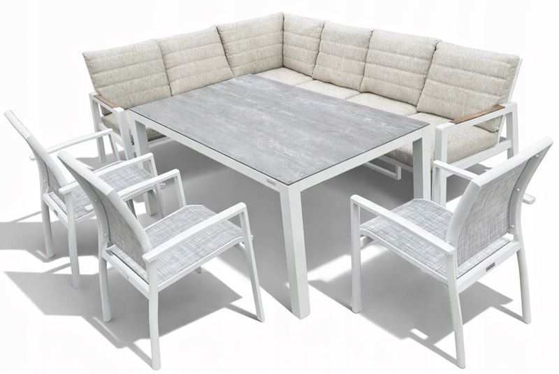 Obrazek Zestaw mebli aluminiowych od Just Relax: Narożnik Chicago + Stół 150 + 3 Krzesła Biały
