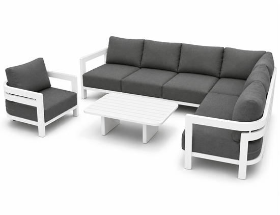 Obrazek Zestaw meble ogrodowe aluminiowe MALIBU narożnik + fotel + stolik  | Biała rama | Ciemnoszare poduszki