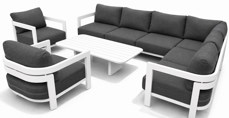 Obrazek Zestaw meble ogrodowe aluminiowe MALIBU narożnik + 2 fotele + stolik | Biała rama | Ciemnoszare poduszki
